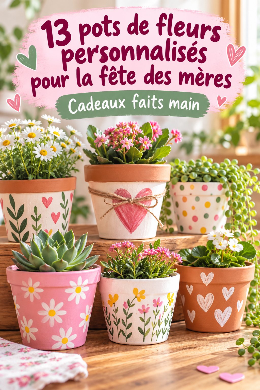 Pot de fleurs fait main pour la fête des mères, avec un message touchant et des fleurs colorées.