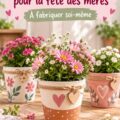 Pots photo fleuris pour la fête des Mères sur une table ensoleillée