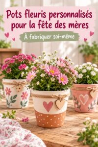 Pots photo fleuris pour la fête des Mères sur une table ensoleillée