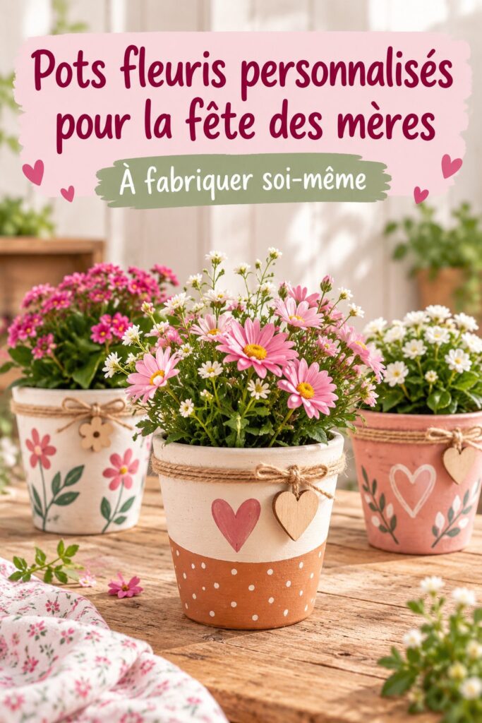 Pots photo fleuris pour la fête des Mères sur une table ensoleillée