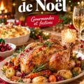 Une table élégamment dressée pour le dîner de Noël avec des plats savoureux.