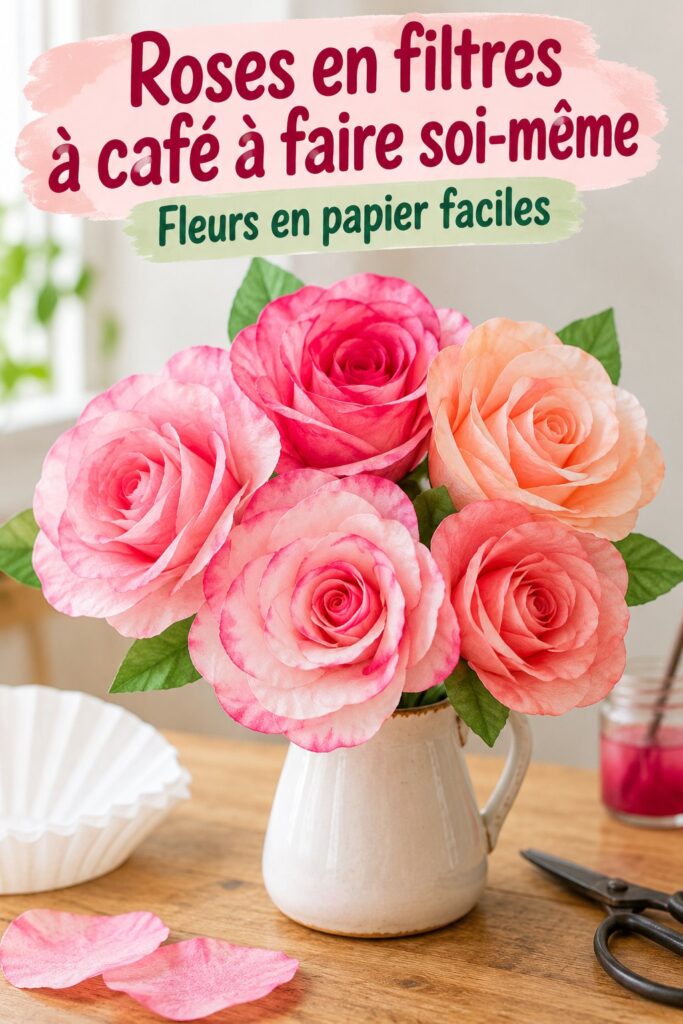 Roses en filtres à café, fleurs DIY colorées sur une table de fête