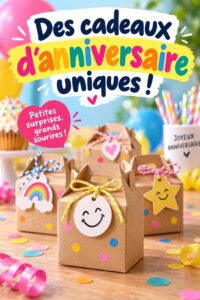 Des souvenirs d'anniversaire uniques, présentés sur une table de fête.