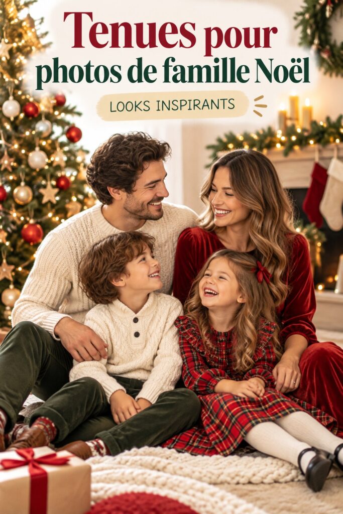 Famille en tenues coordonnées pour photo de Noël