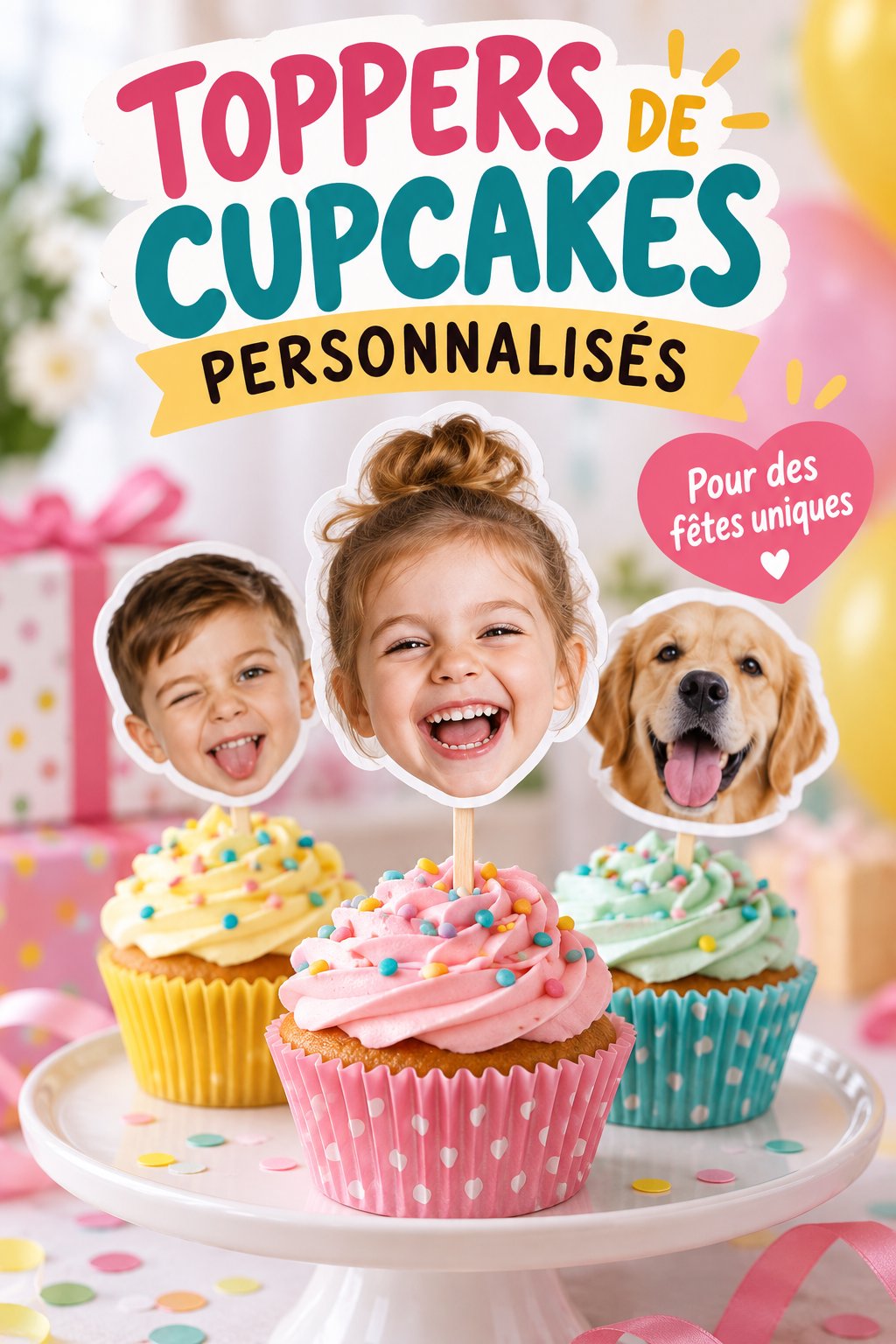 Des cupcakes décorés avec des toppers personnalisés pour une fête