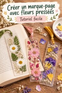 Marque-page fleuri fait main avec des fleurs pressées sur un fond de livre ouvert