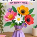 Vase en papier fait maison avec des fleurs colorées.
