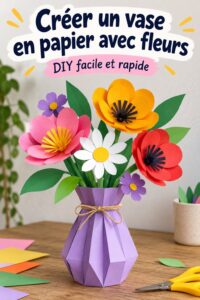 Vase en papier fait maison avec des fleurs colorées.